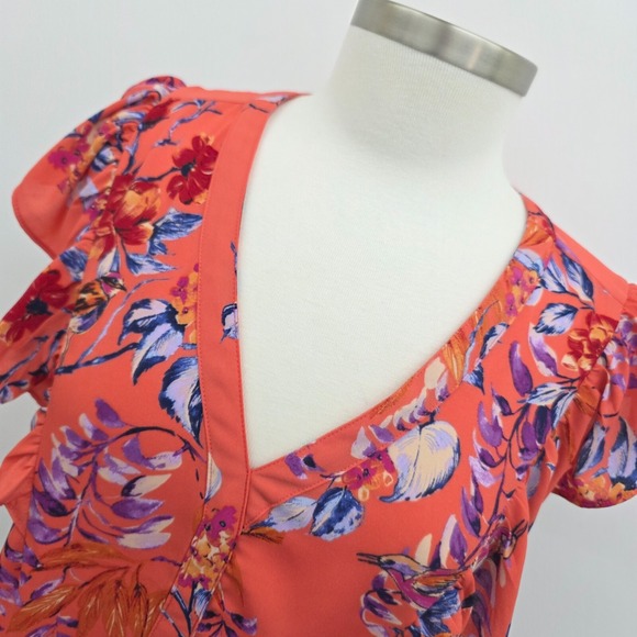 Womens M Coral Floral Ruffle Sleeve Blouse V-Neck Lightweight Boho‎ Top - Picture 5 of 13
